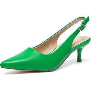 🆕Green PU Polyurethane Women Low Kitten Heel Sling back Pump Pointed Toe Sandal